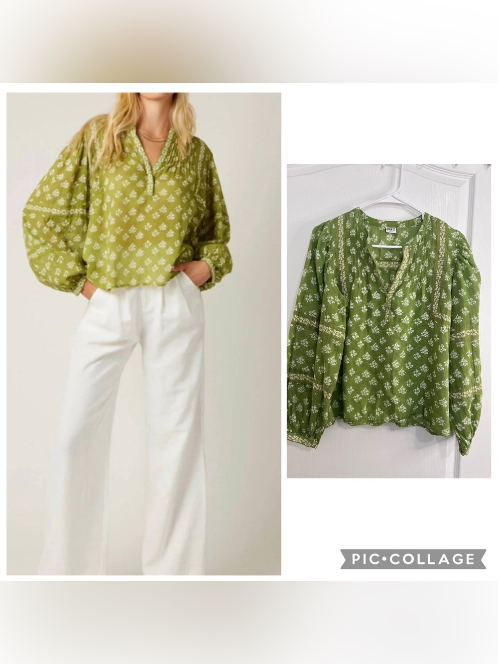 Bila77 Valley Spring Bayleaf Top with white floral print long sleeves size S